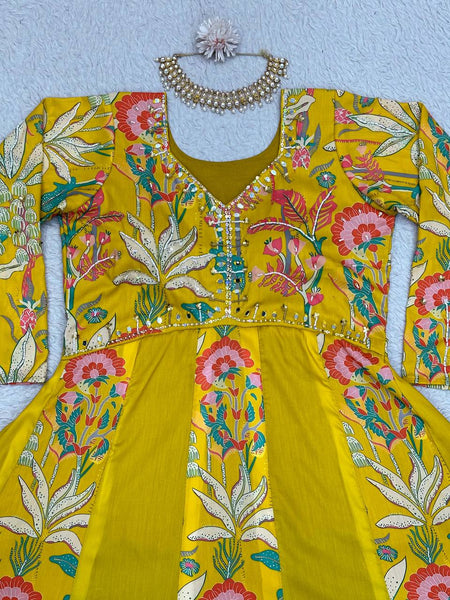 Party Wear Yellow Color Muslin Digital Printed Hand Work Ready Made Gown Duapatta