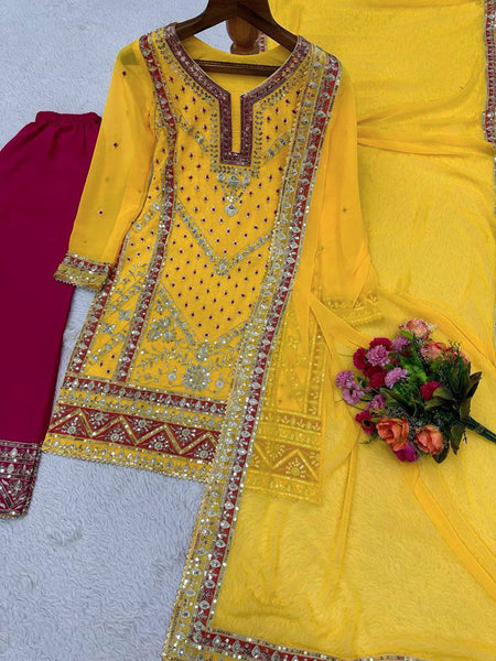 Designer Yellow Color Georgette Sequence Work Ready Made Salwar Suit