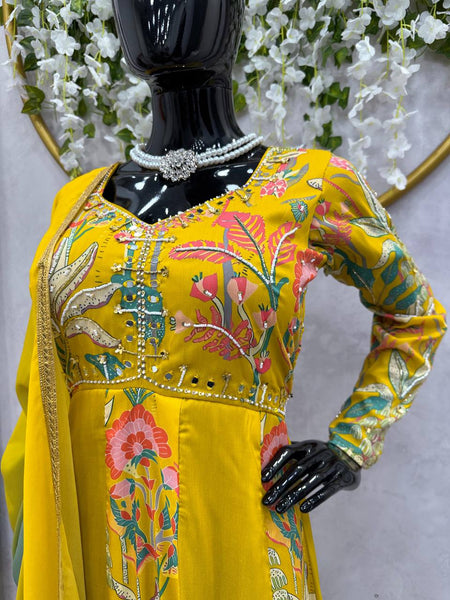 Party Wear Yellow Color Muslin Digital Printed Hand Work Ready Made Gown Duapatta