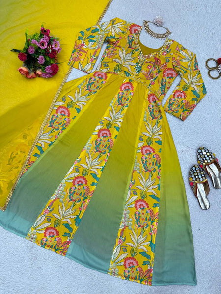 Party Wear Yellow Color Muslin Digital Printed Hand Work Ready Made Gown Duapatta