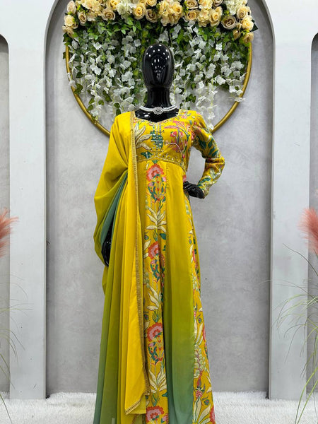 Party Wear Yellow Color Muslin Digital Printed Hand Work Ready Made Gown Duapatta