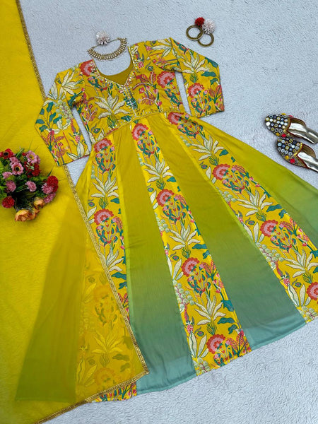 Party Wear Yellow Color Muslin Digital Printed Hand Work Ready Made Gown Duapatta