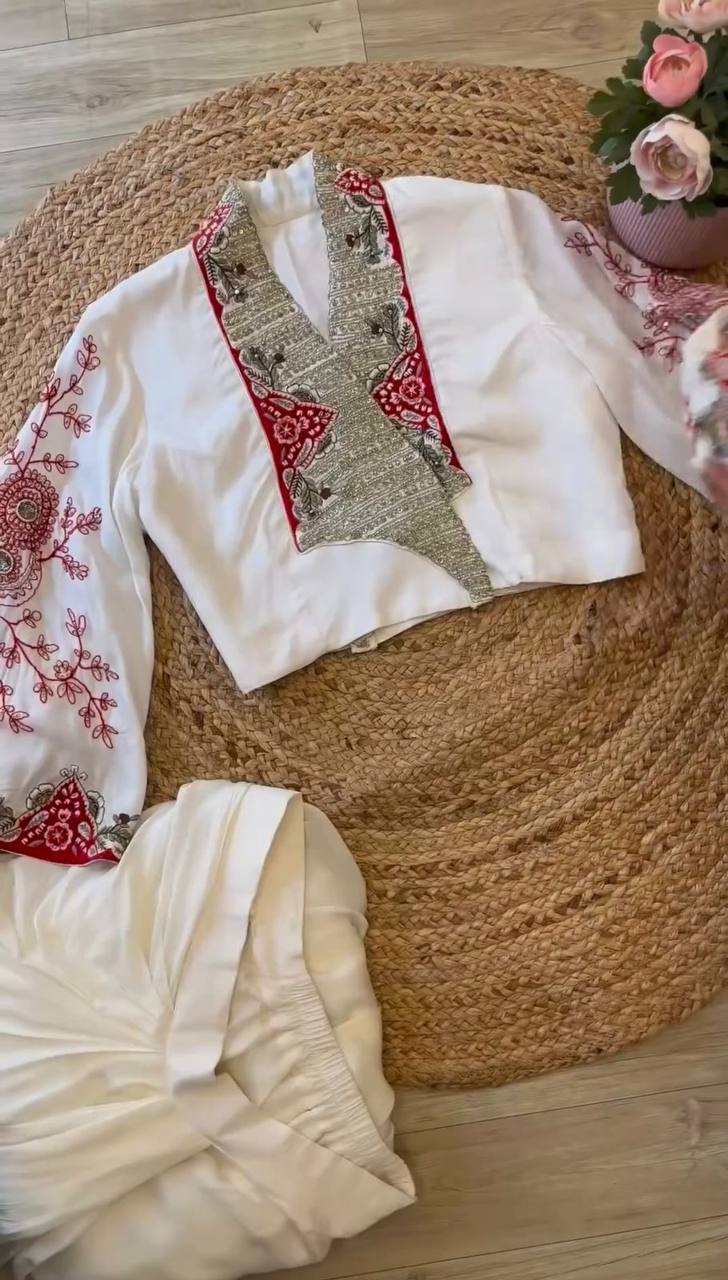 Dazzling White Color Rayon Sequence Work Dhoti Top Set