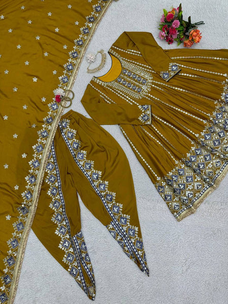 Party Wear Mustard Color Chinon Silk Sequence Work Ready Made Dhoti Suit