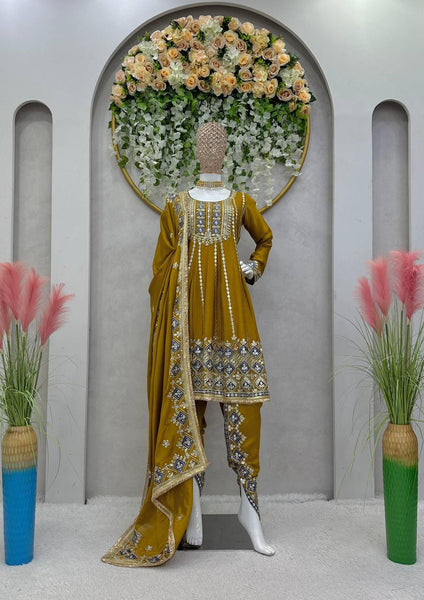 Party Wear Mustard Color Chinon Silk Sequence Work Ready Made Dhoti Suit