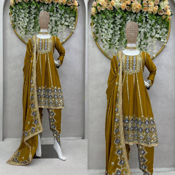 Party Wear Mustard Color Chinon Silk Sequence Work Ready Made Dhoti Suit