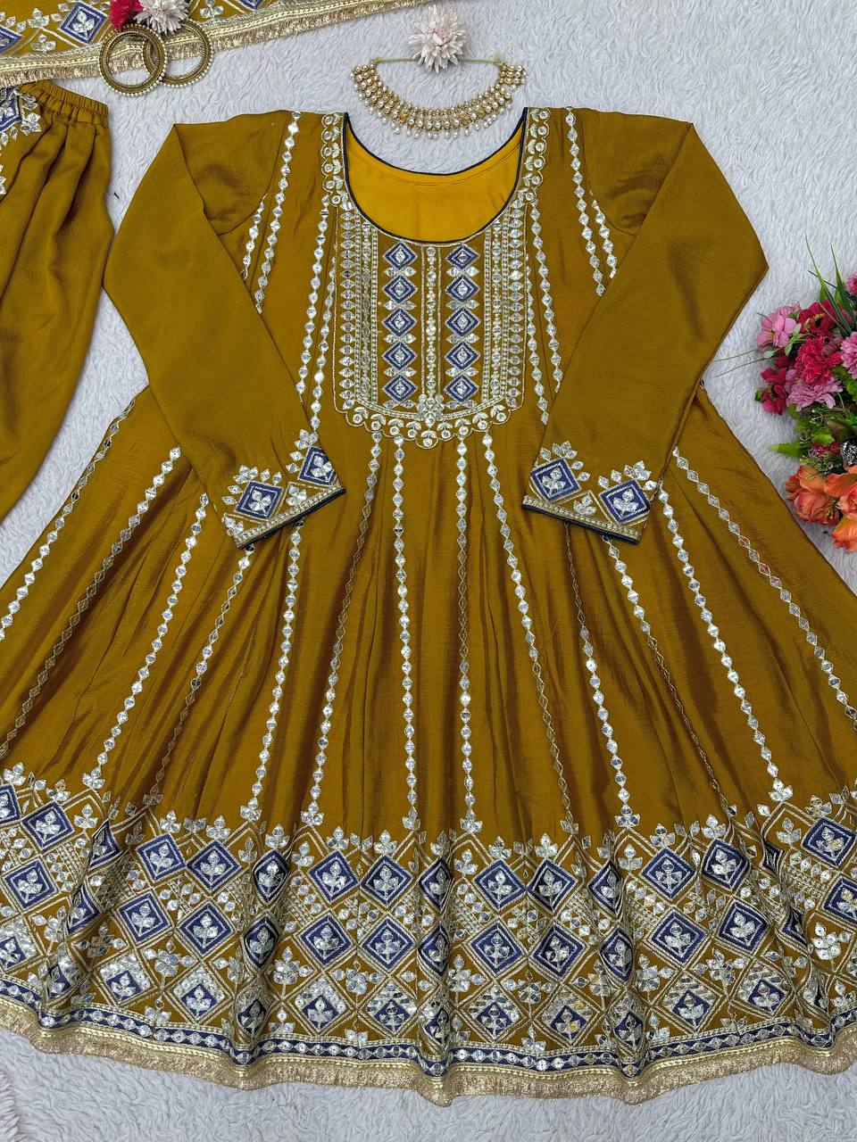 Party Wear Mustard Color Chinon Silk Sequence Work Ready Made Dhoti Suit