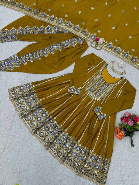 Party Wear Mustard Color Chinon Silk Sequence Work Ready Made Dhoti Suit