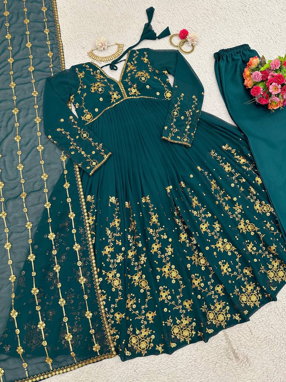 Latest Rama Color Georgette Sequence Work Ready Made Salwar Suit