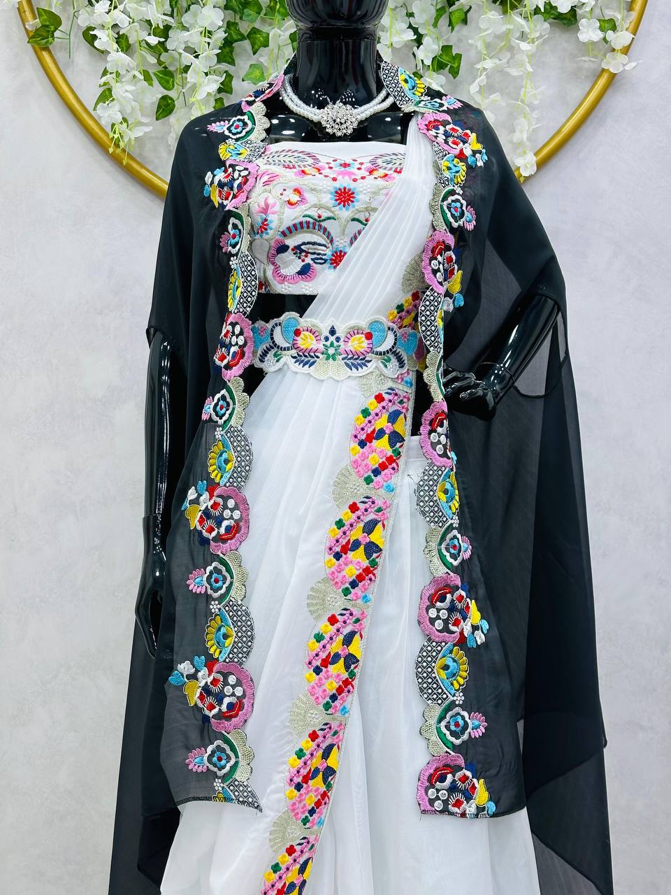 Wonderful White Color Banglori Silk Thread Work Shrug Sharara Dupatta Set