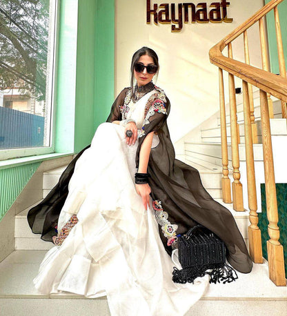 Wonderful White Color Banglori Silk Thread Work Shrug Sharara Dupatta Set