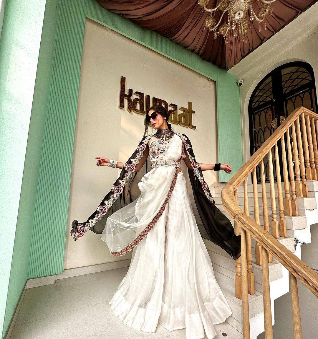 Wonderful White Color Banglori Silk Thread Work Shrug Sharara Dupatta Set