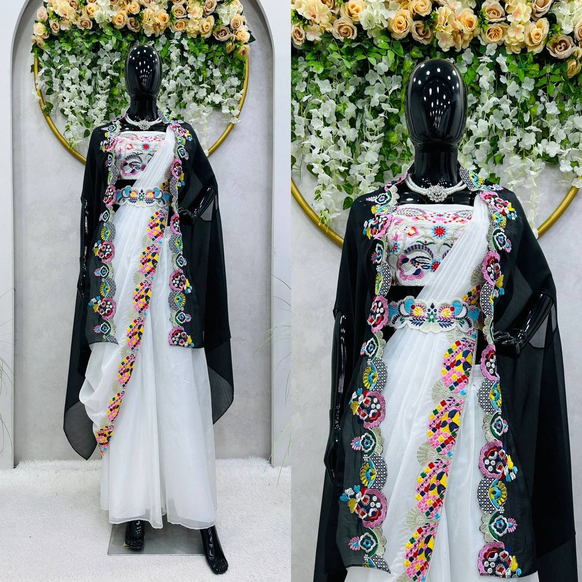 Wonderful White Color Banglori Silk Thread Work Shrug Sharara Dupatta Set