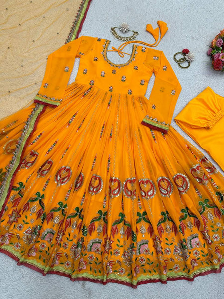 Elegant Orange Color Georgette Sequence Embroidery Work Salwar Suit