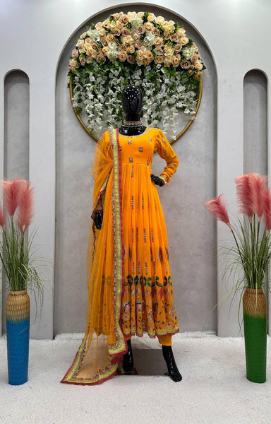 Elegant Orange Color Georgette Sequence Embroidery Work Salwar Suit