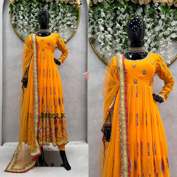 Elegant Orange Color Georgette Sequence Embroidery Work Salwar Suit