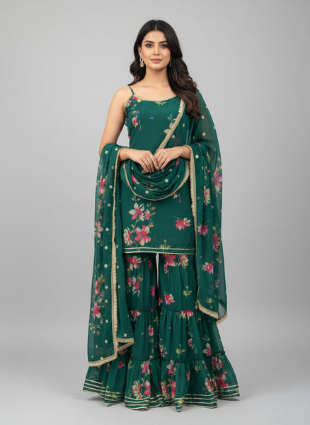 Elegant Digital Print Faux Georgette Sharara Set with Ruffle Style