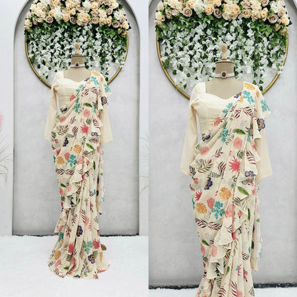 Party Wear Georgette Digital print Multi Color Ruffle Saree with blouse