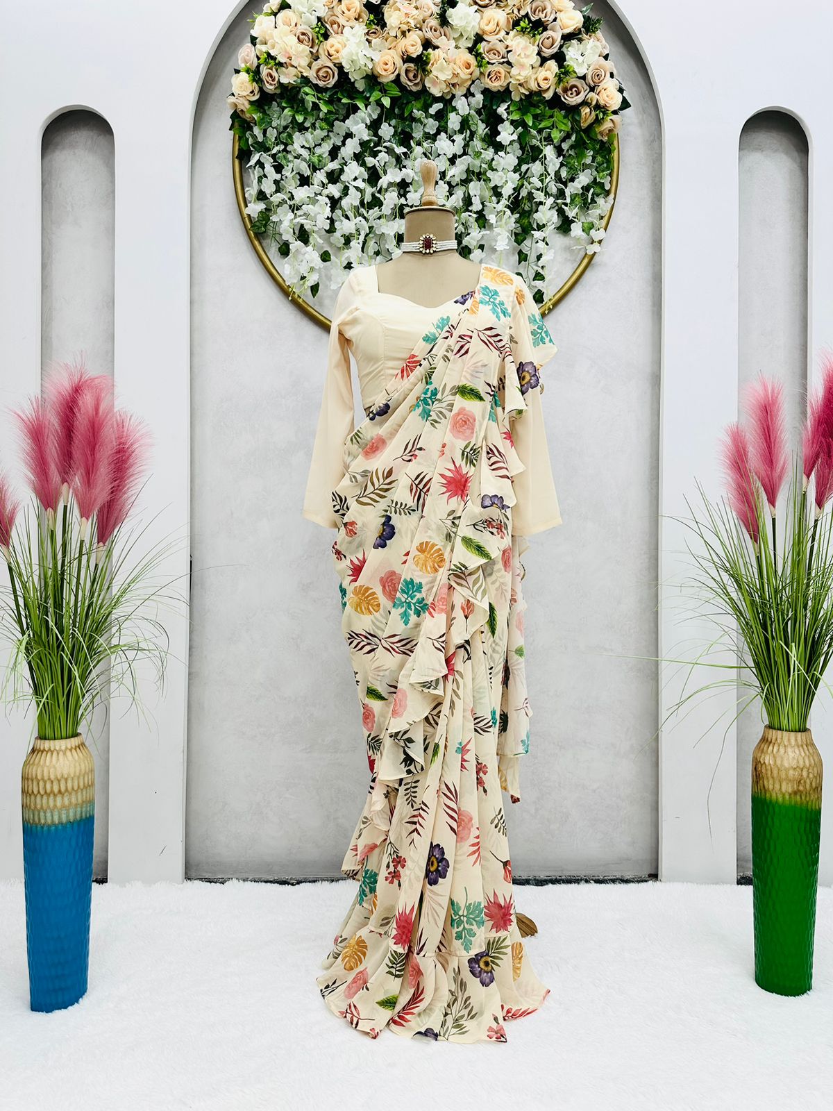 Party Wear Georgette Digital print Multi Color Ruffle Saree with blouse