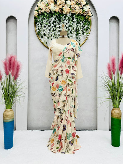 Party Wear Georgette Digital print Multi Color Ruffle Saree with blouse
