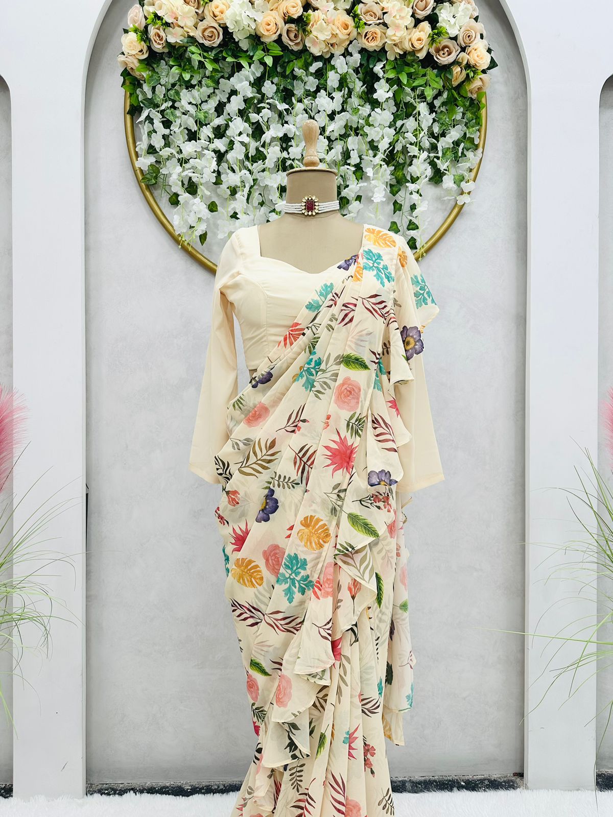 Party Wear Georgette Digital print Multi Color Ruffle Saree with blouse