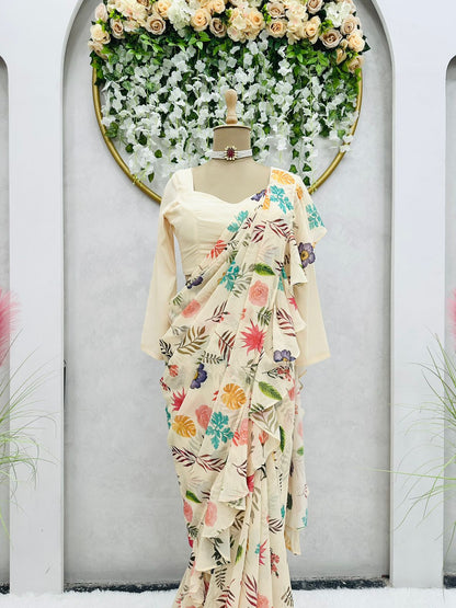 Party Wear Georgette Digital print Multi Color Ruffle Saree with blouse