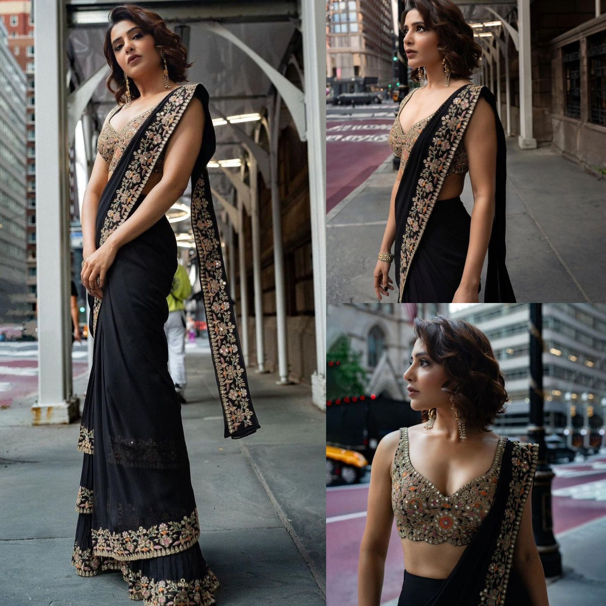 Black color party wear ruffle georgette Embroidery saree