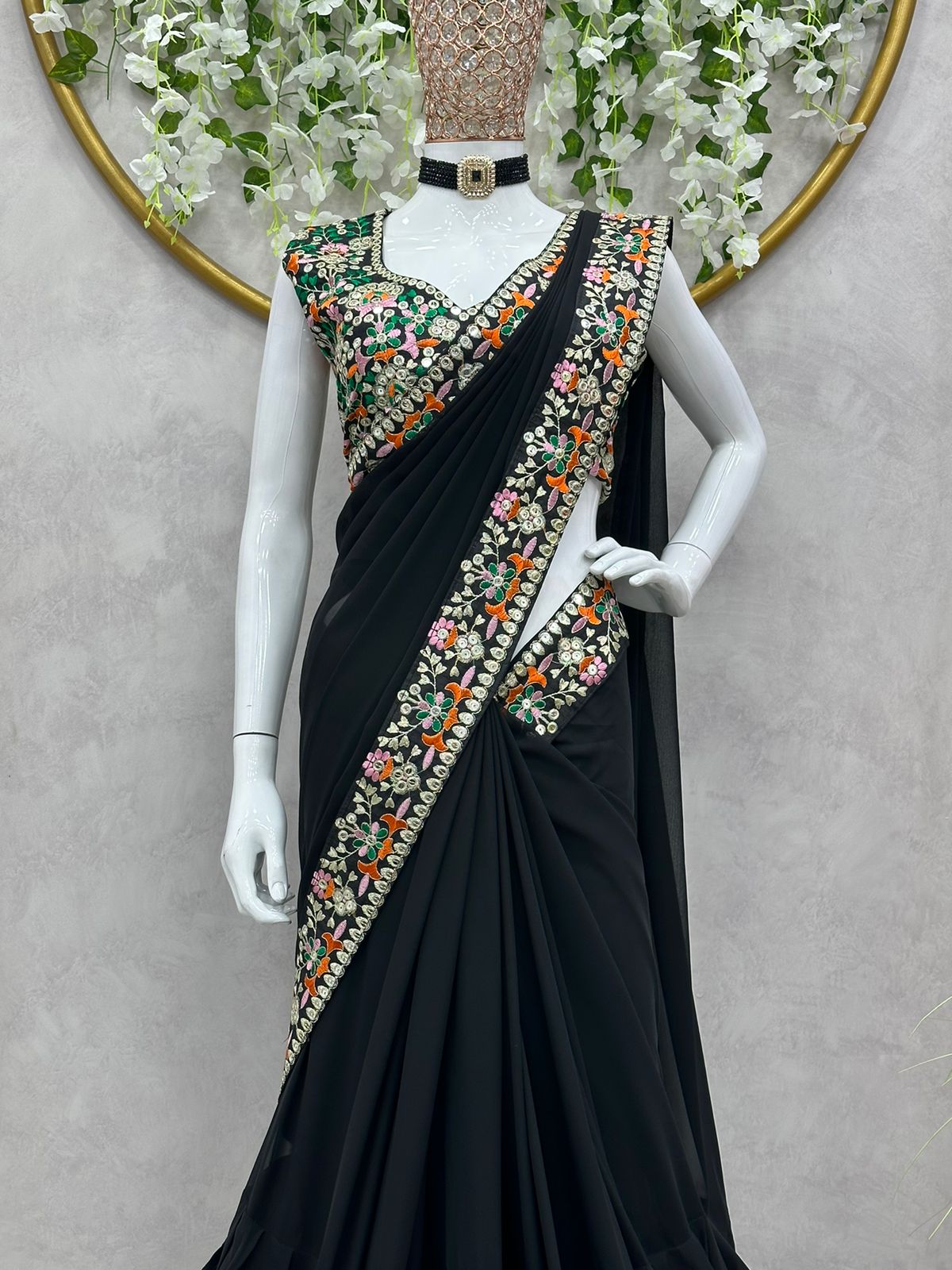 Black color party wear ruffle georgette Embroidery saree