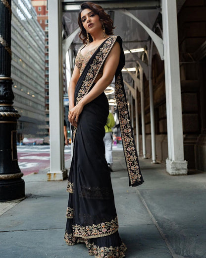 Black color party wear ruffle georgette Embroidery saree