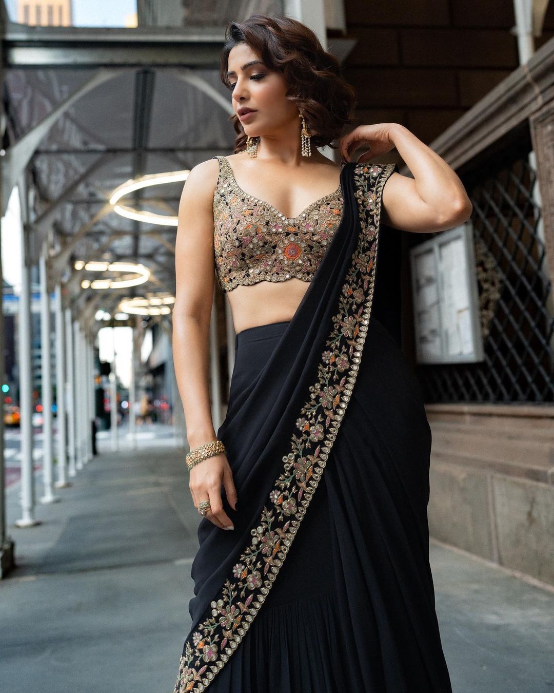 Black color party wear ruffle georgette Embroidery saree