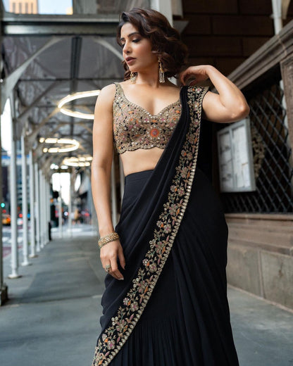 Black color party wear ruffle georgette Embroidery saree