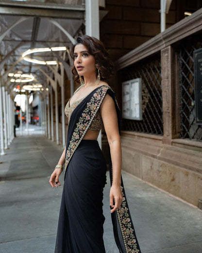 Black color party wear ruffle georgette Embroidery saree