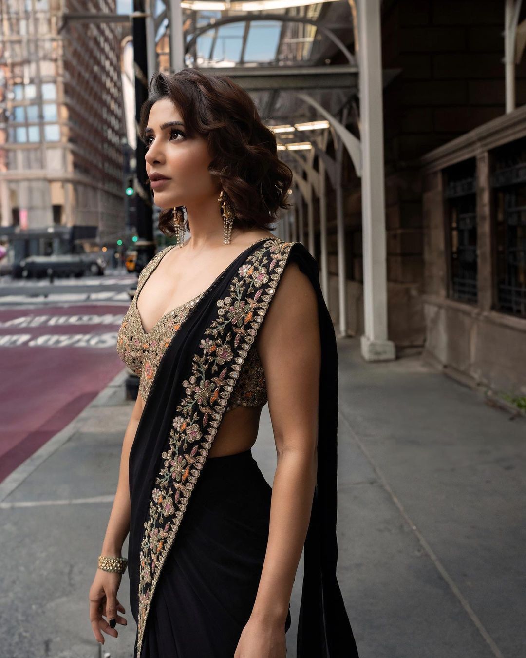 Black color party wear ruffle georgette Embroidery saree