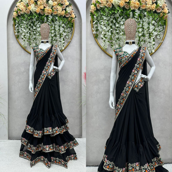 Black color party wear ruffle georgette Embroidery saree
