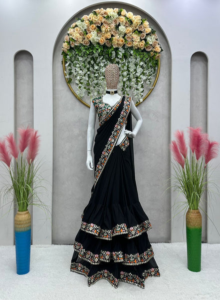 Black color party wear ruffle georgette Embroidery saree
