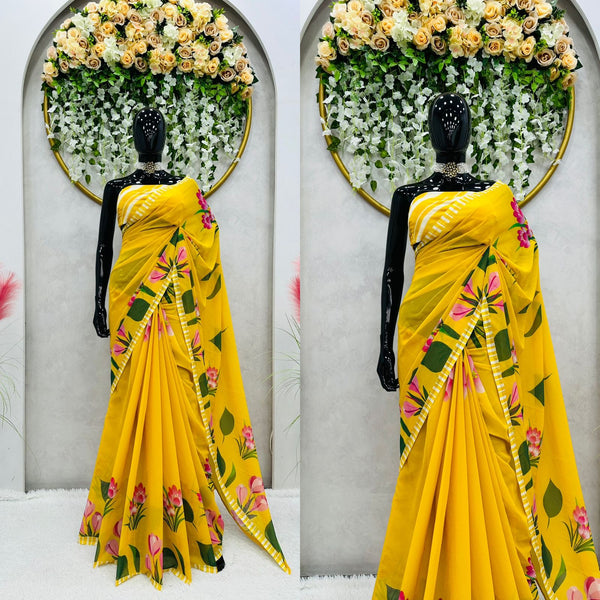Yellow Color Digital Printed Georgette Saree with blouse