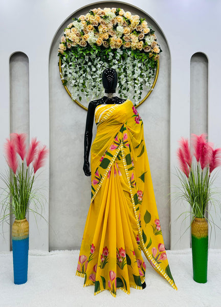 Yellow Color Digital Printed Georgette Saree with blouse