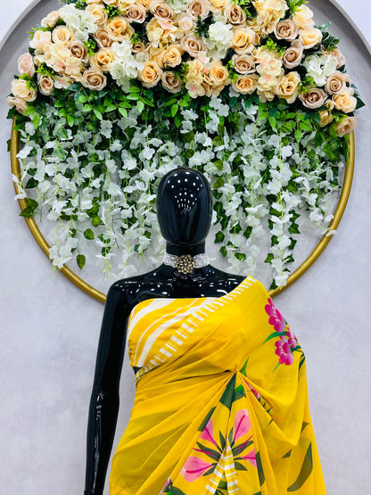 Yellow Color Digital Printed Georgette Saree with blouse