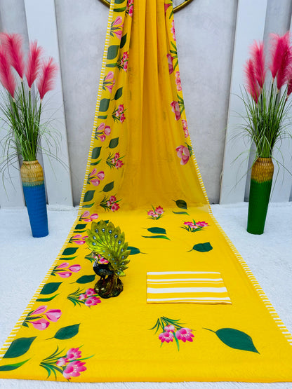 Yellow Color Digital Printed Georgette Saree with blouse