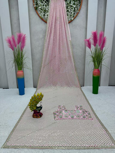 Light pink Color Designer Georgette mirror work Saree