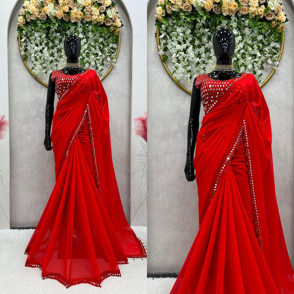 Red Alia Embroidery latest georgette Saree