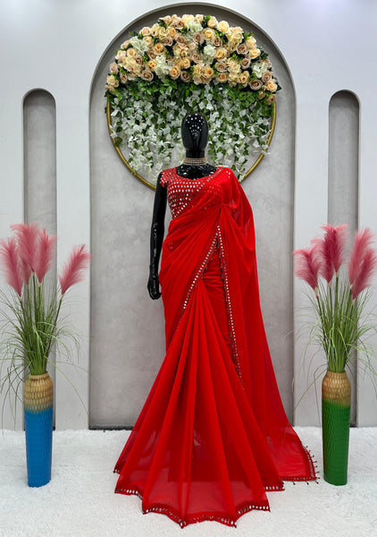 Red Alia Embroidery latest georgette Saree