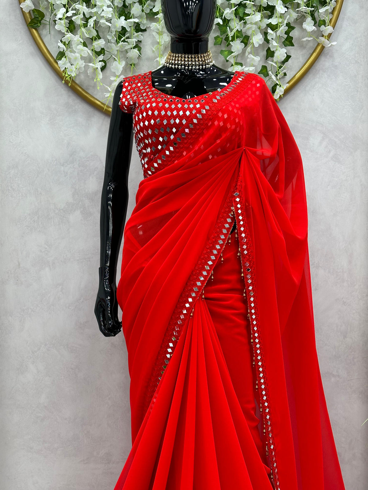 Red Alia Embroidery latest georgette Saree