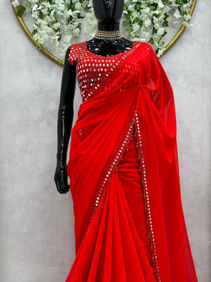 Red Alia Embroidery latest georgette Saree