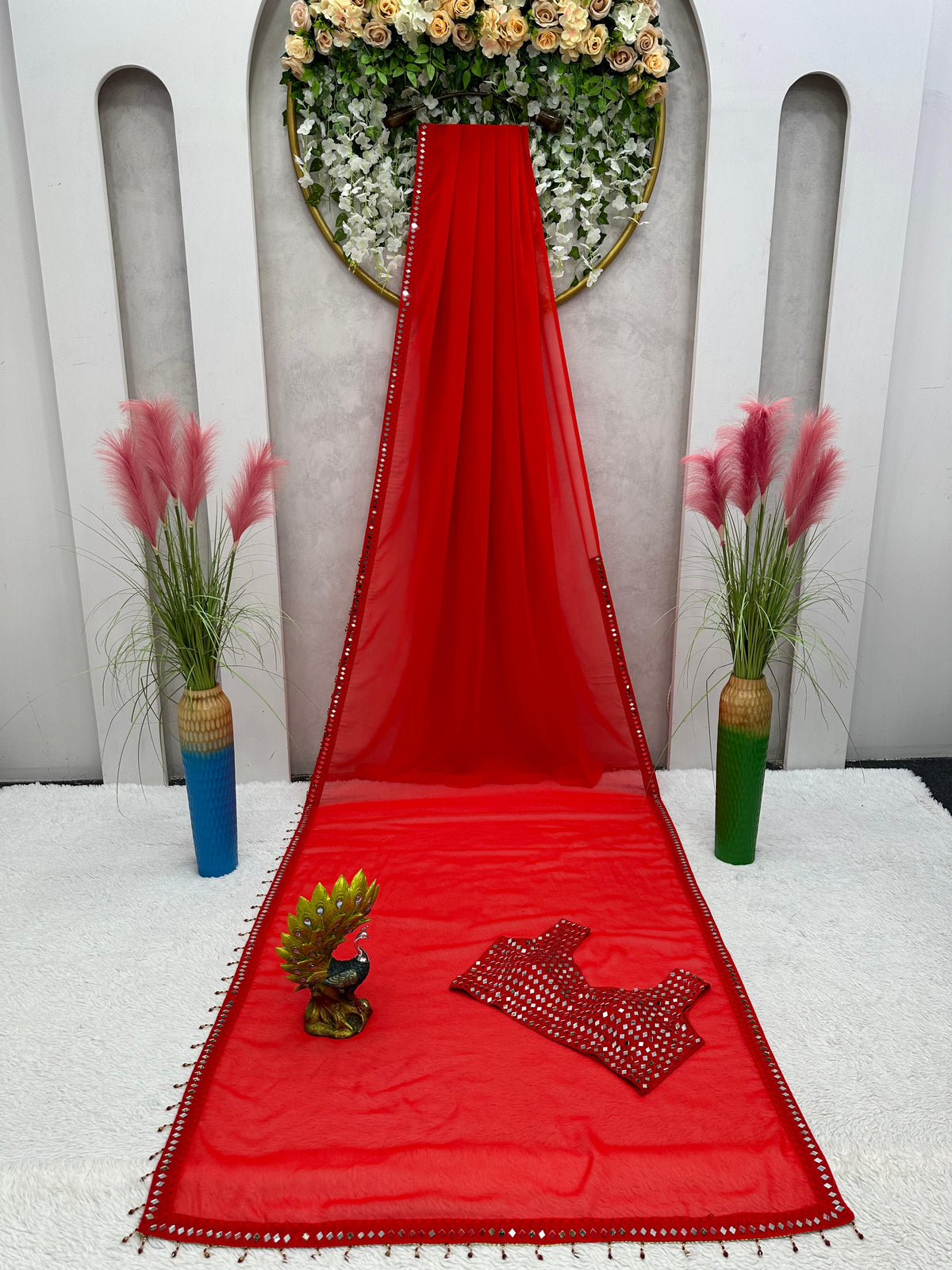 Red Alia Embroidery latest georgette Saree