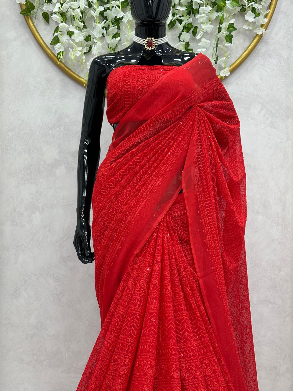 Attractive Red Color Georgette Thread Work Saree