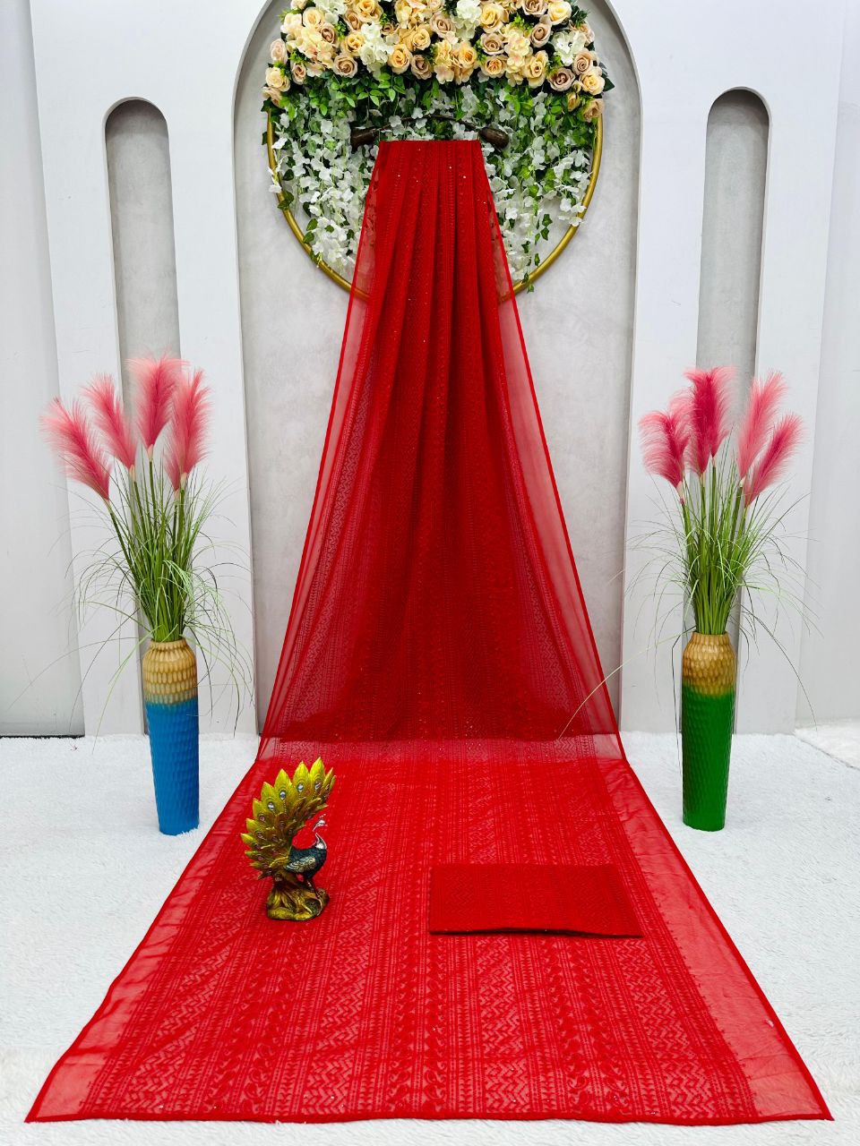 Attractive Red Color Georgette Thread Work Saree