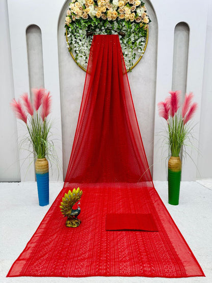 Attractive Red Color Georgette Thread Work Saree