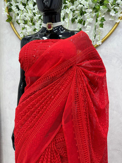 Attractive Red Color Georgette Thread Work Saree