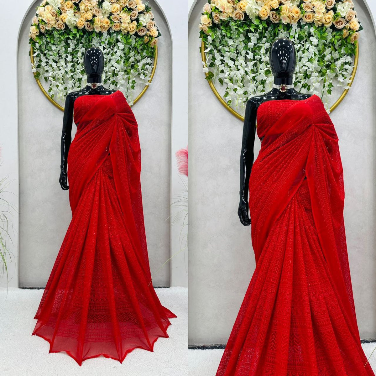 Attractive Red Color Georgette Thread Work Saree
